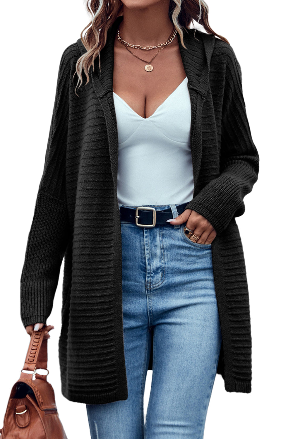 Black Rib Knitted Hooded Cardigan