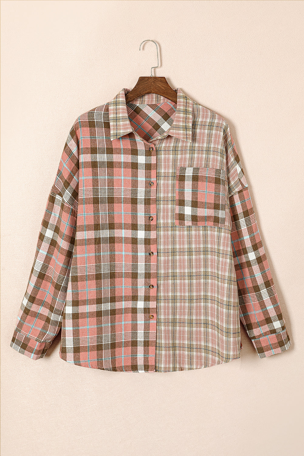 Plus Size Color Block Plaid Long Sleeve Shirt