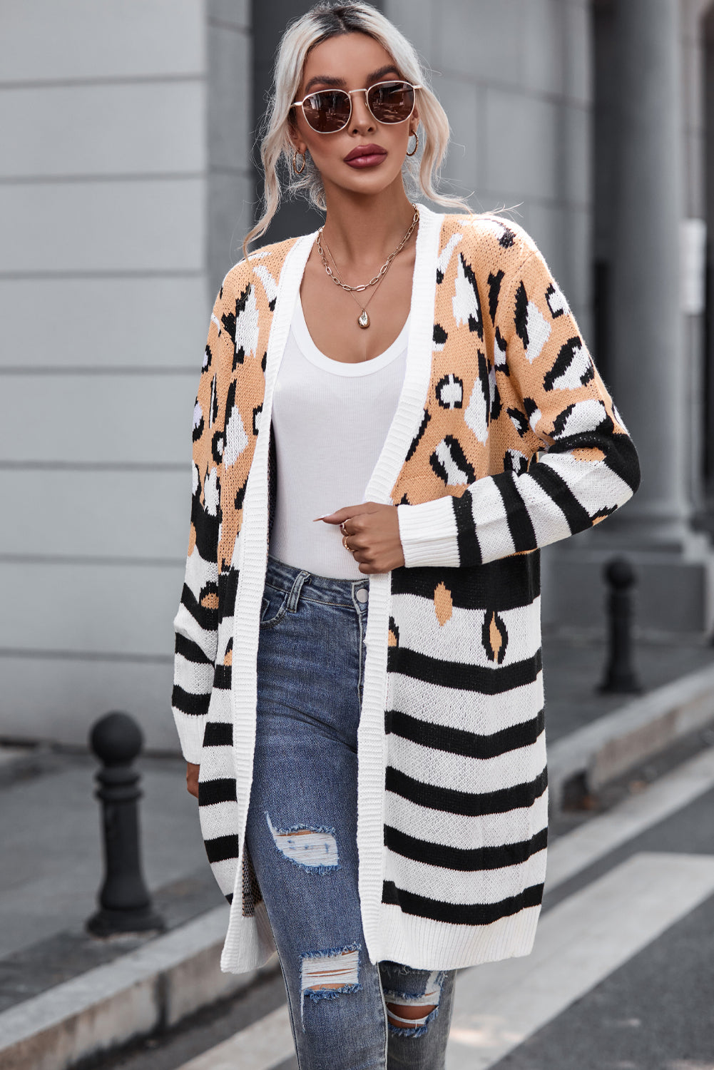 Brown Leopard Striped Mixed Print Cardigan