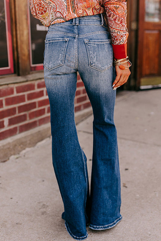 Blue Button Fly Ripped High Waist Flare Jeans