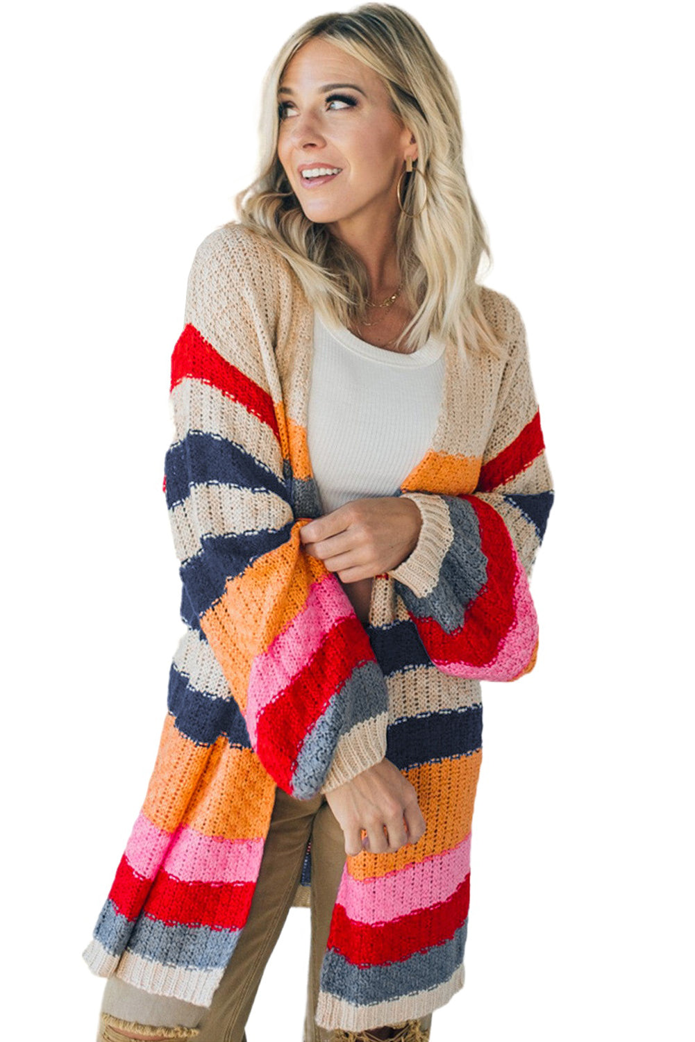 Striped Balloon Sleeve Baggy Cardigan