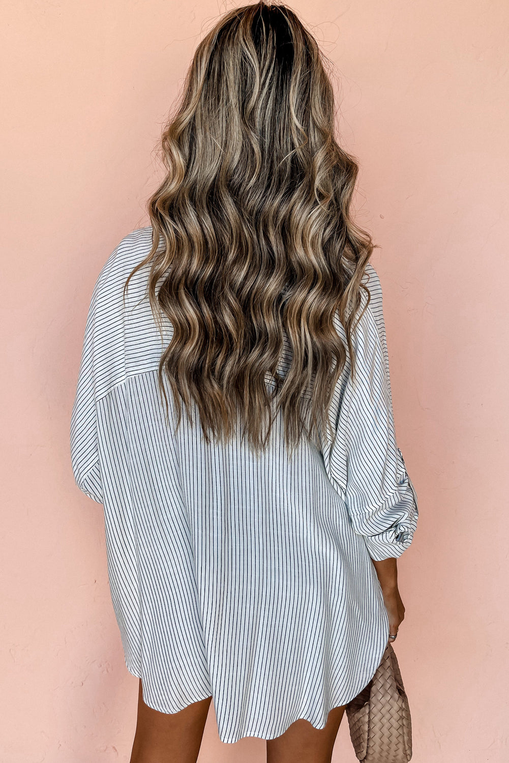 Plus Size White Striped Oversized Denim Shirt