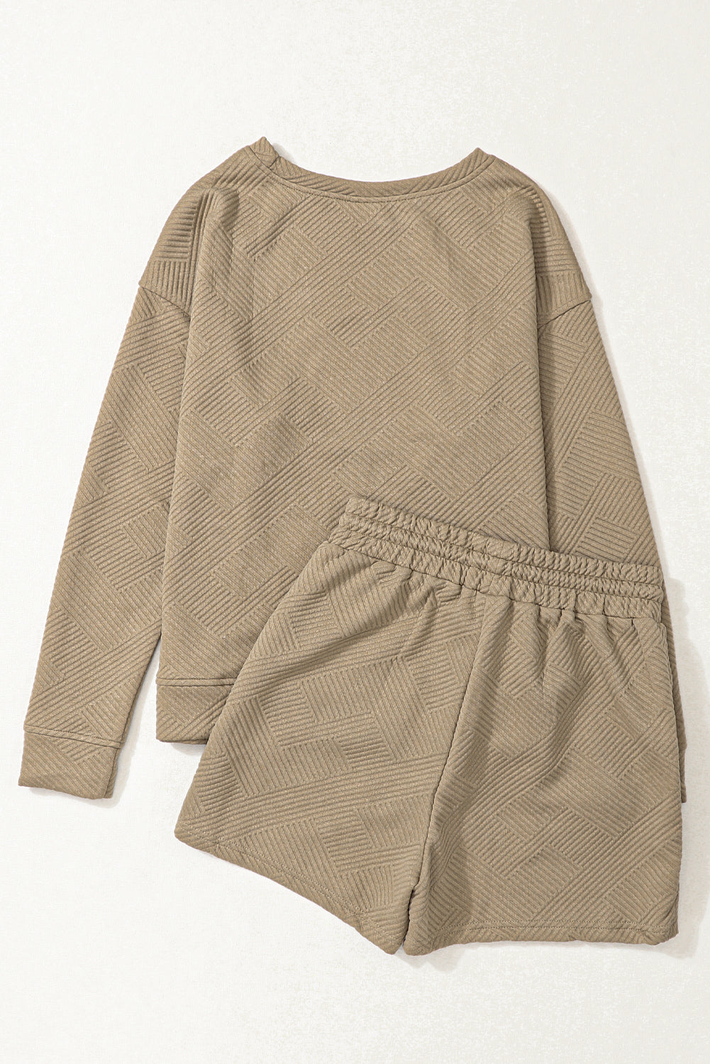 Green Textured Long Sleeve Top and Drawstring Shorts Set