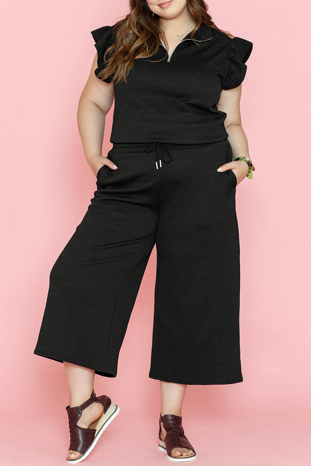 Plus Size Ruffled Sleeve Wide Leg Pants Set