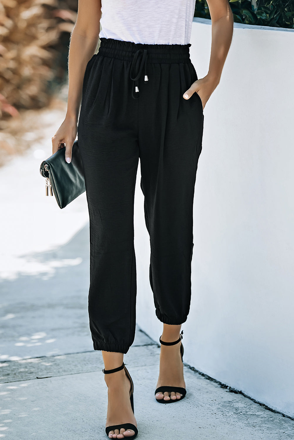 Black Solid  Smocked Waist Joggers