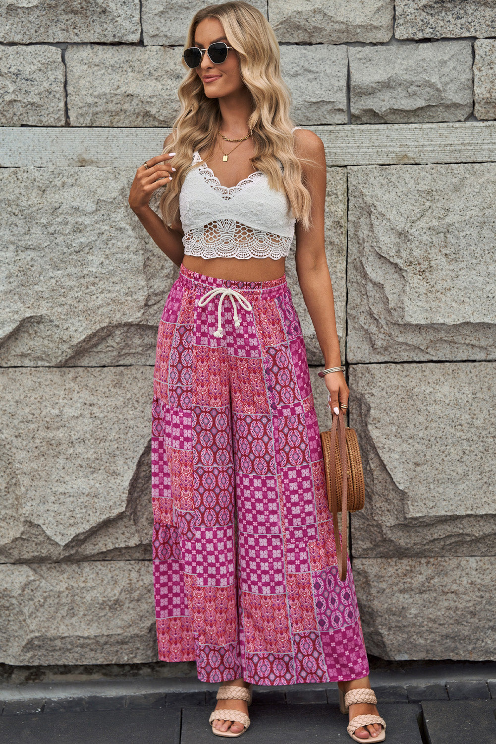 Multicolor Boho Style Drawstring Wide Leg Pants