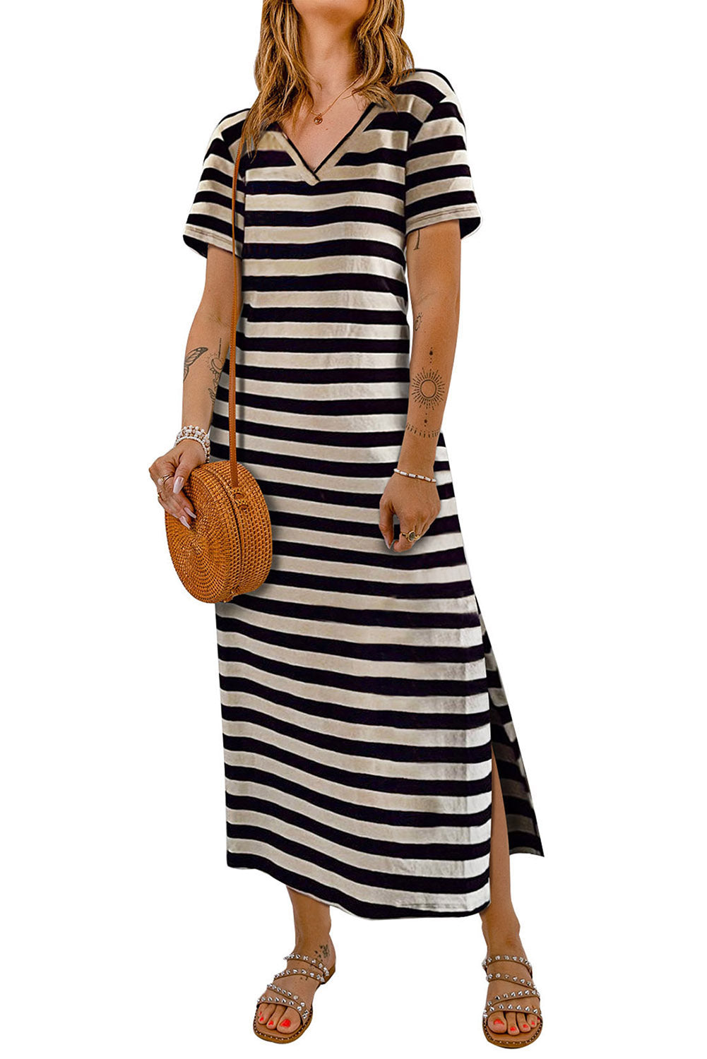 Black Stripe Print Maxi Dress with Side Splits