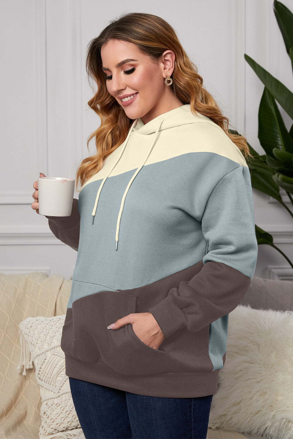 Multi Blue Kangaroo Pocket Plus Size Hoodie