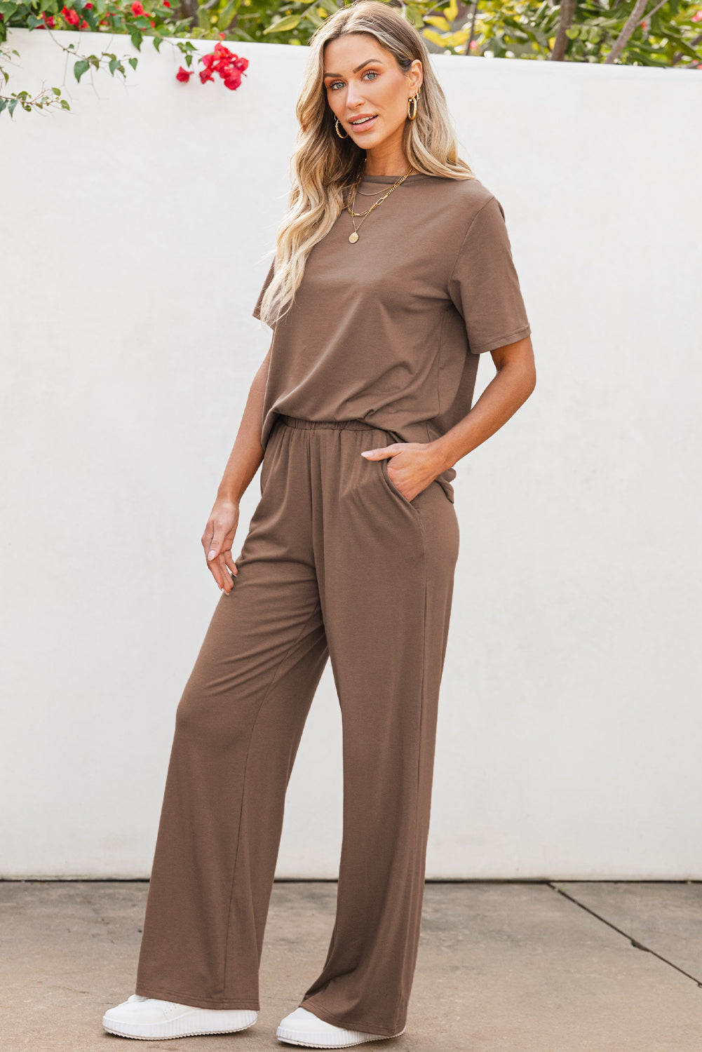 Solid Color T Shirt & Wide Leg Pants Set