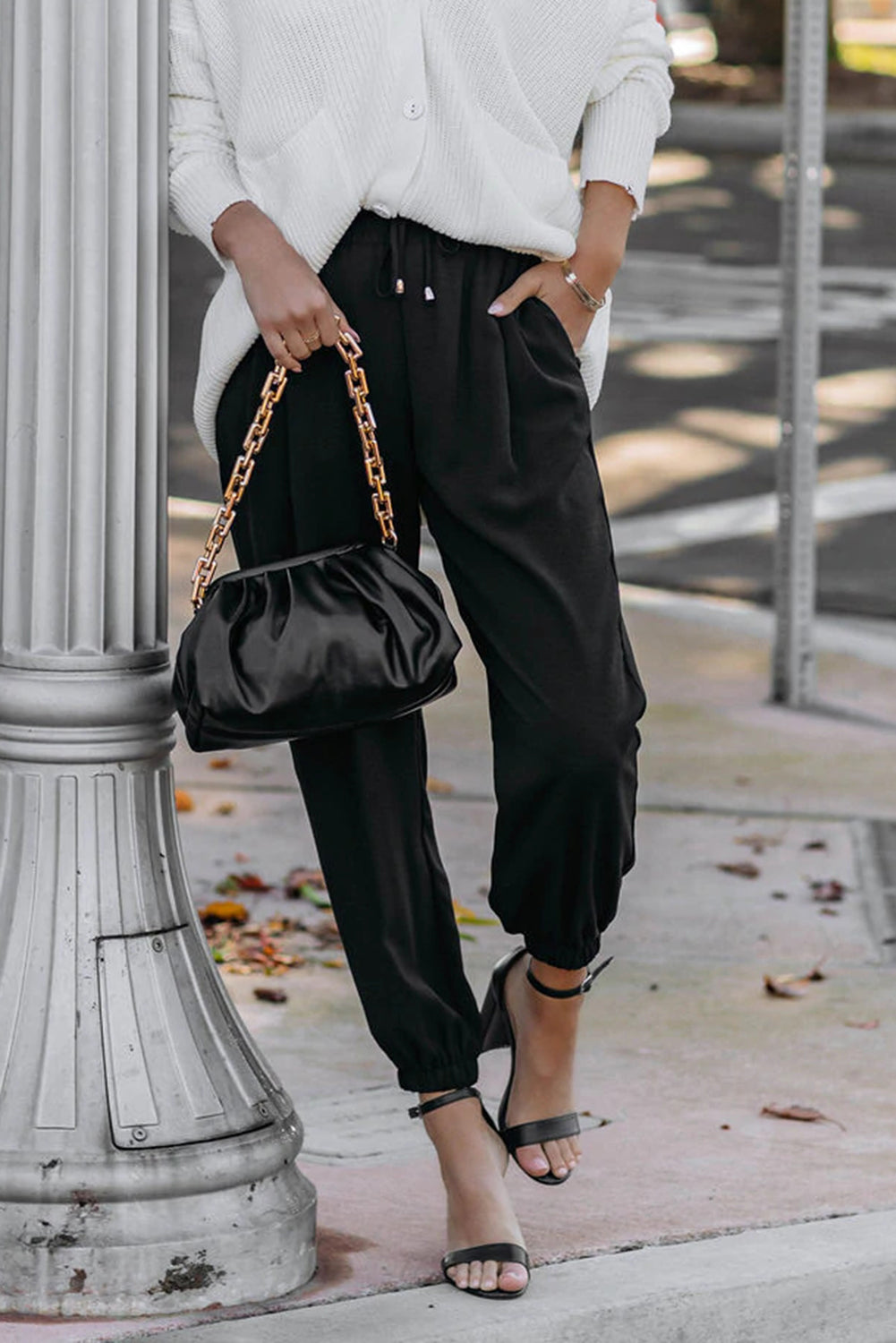 Black Solid  Smocked Waist Joggers