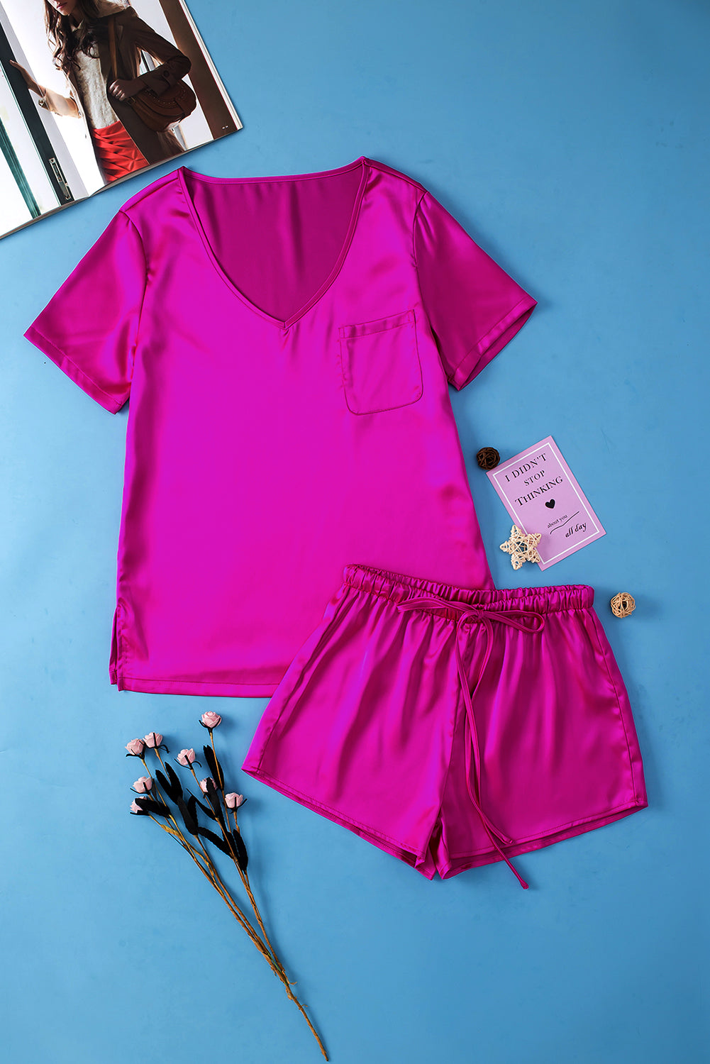 Bright Pink Satin Loungewear Shorts Set