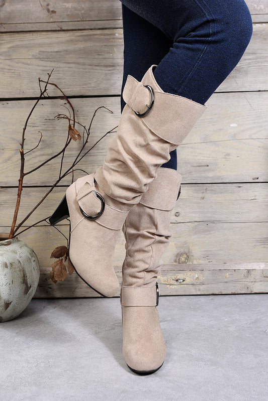 Beige Dual Buckle Strap Side Zip Mid Calf Boots