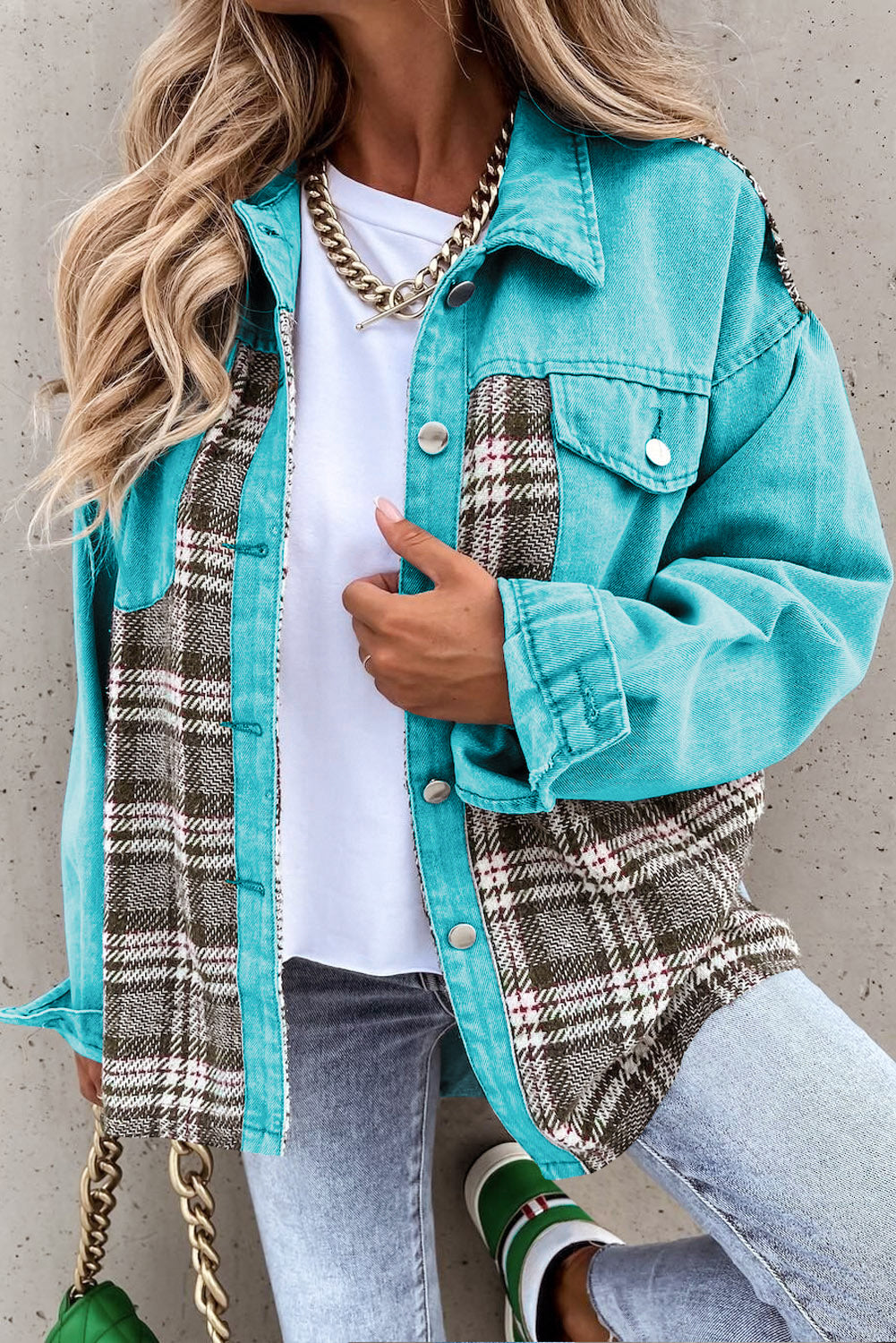 Loose Fit Sky Blue Plaid Patchwork Denim Jacket