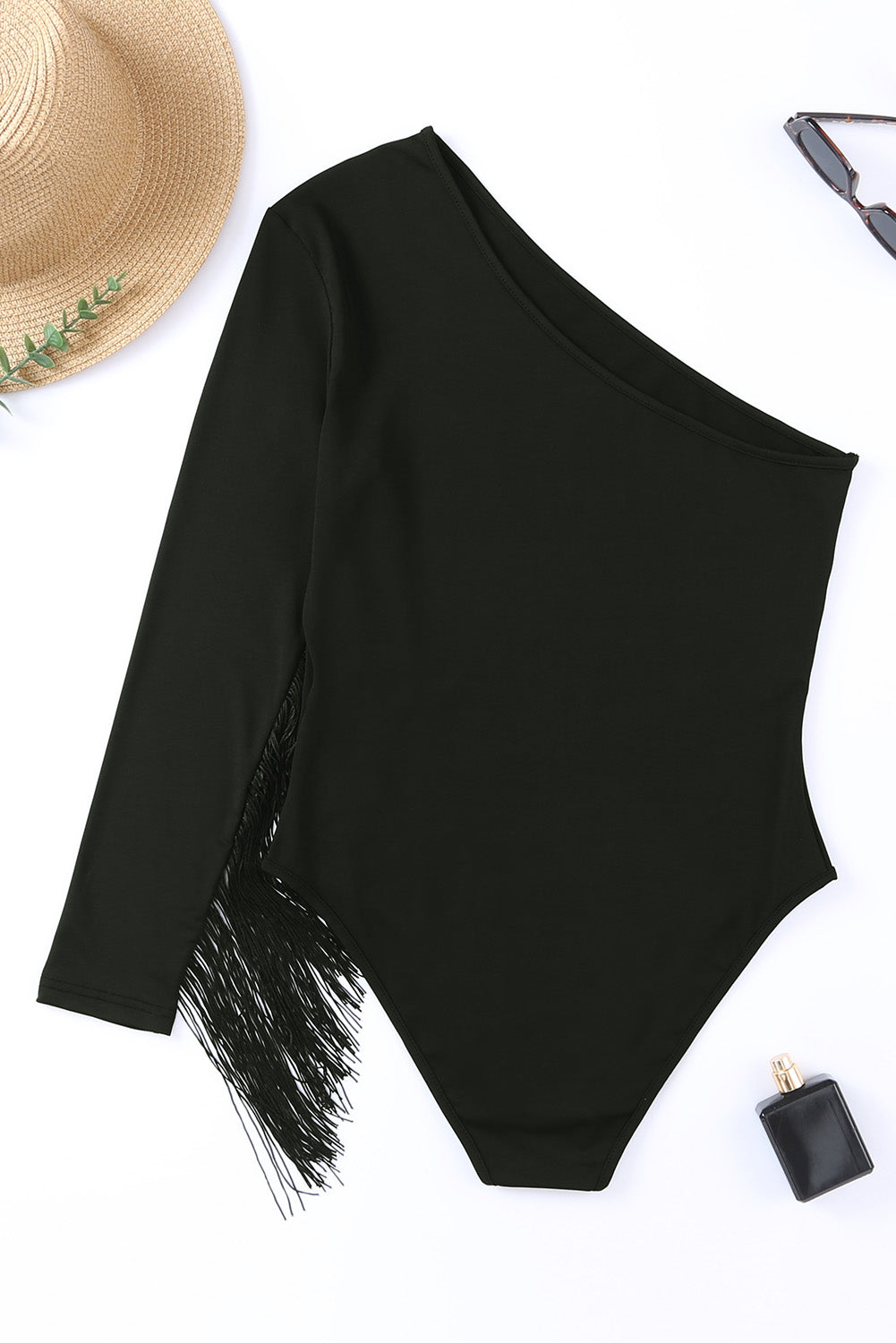 Black One Shoulder Long Sleeve Bodysuit