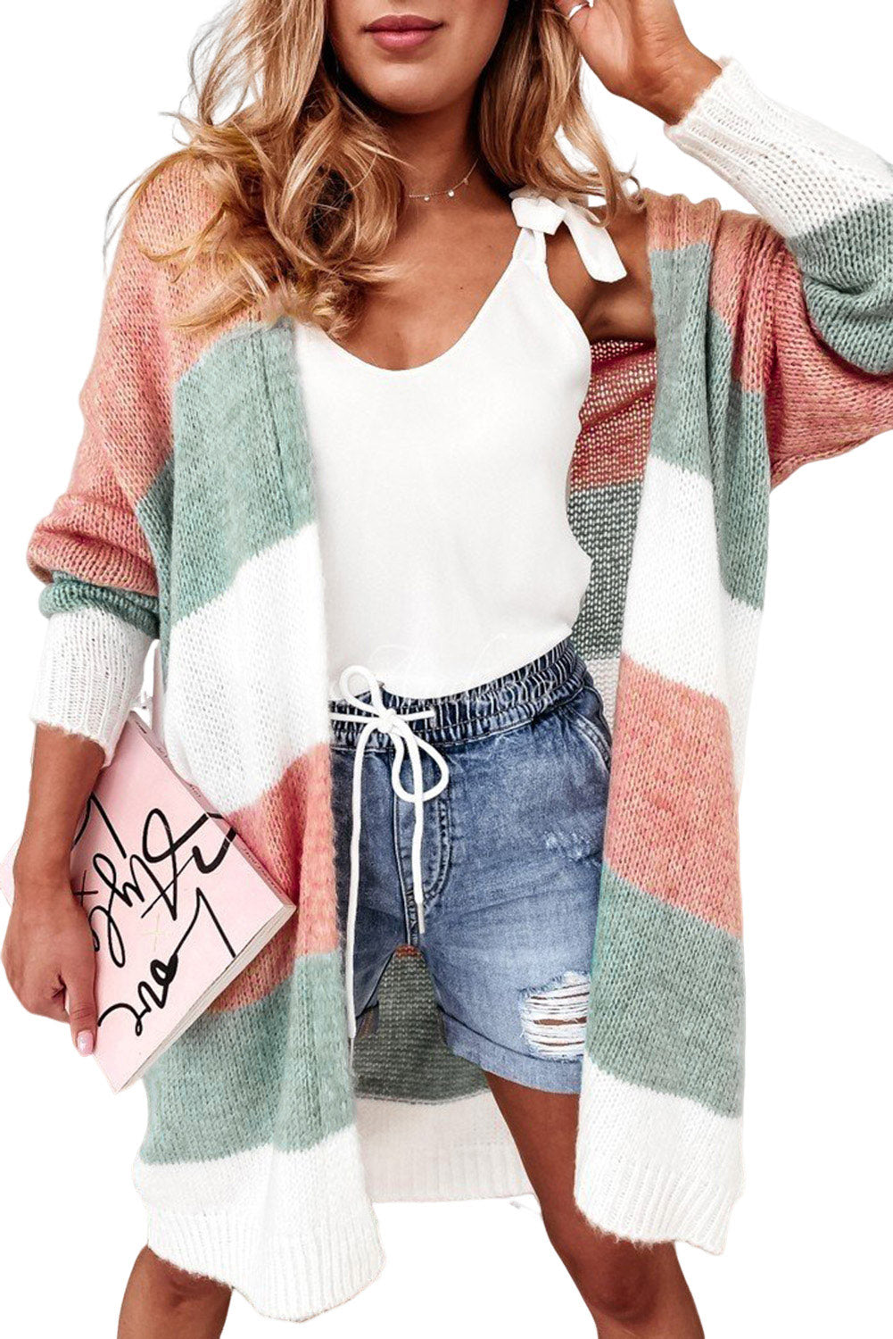 Green Colorblock Striped Cardigan