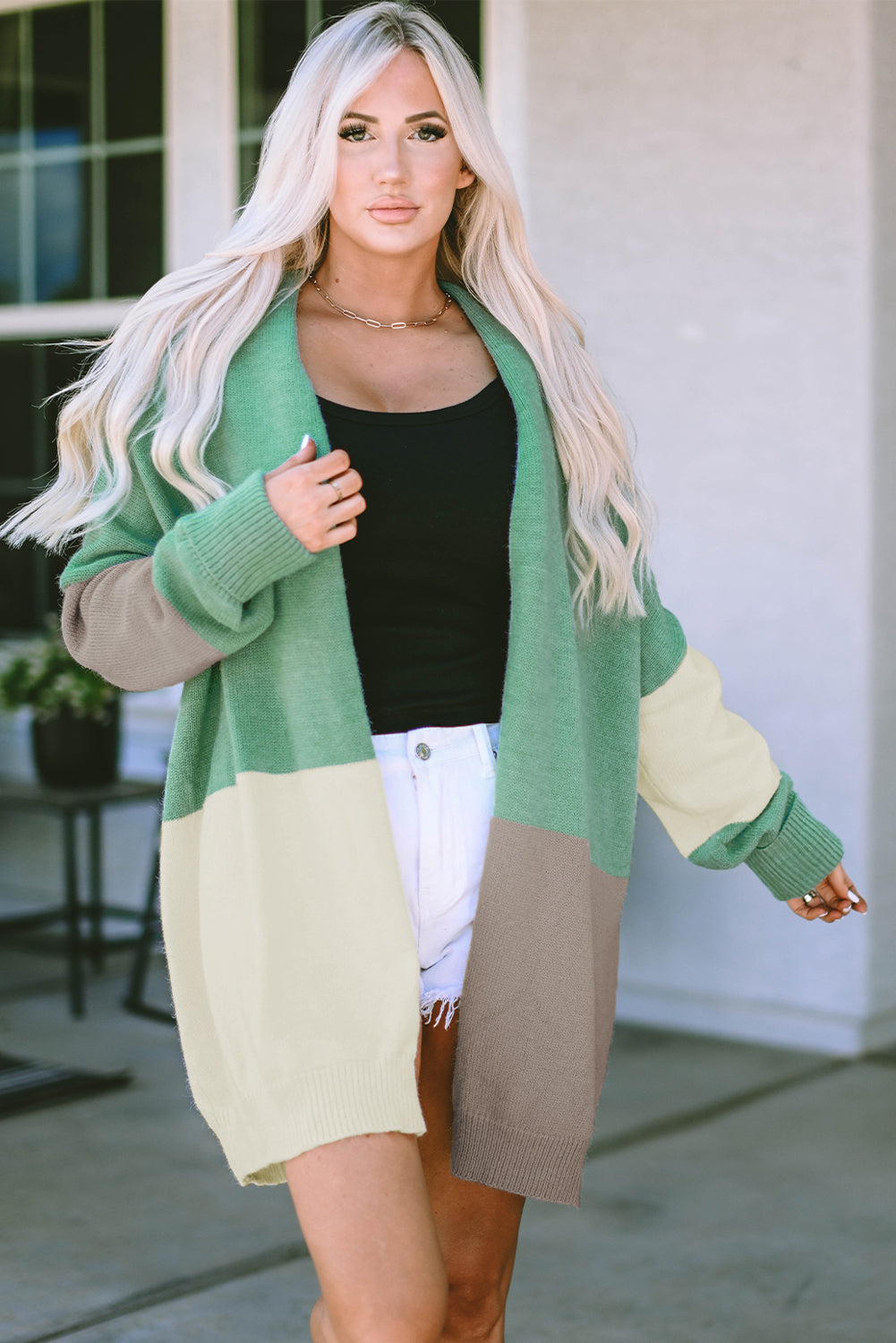 Green Colorblock Open Front Oversized Cardigan