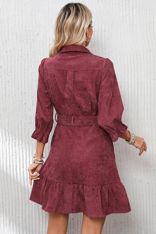 Burnt Red Collared Ruffled Shirt Dress