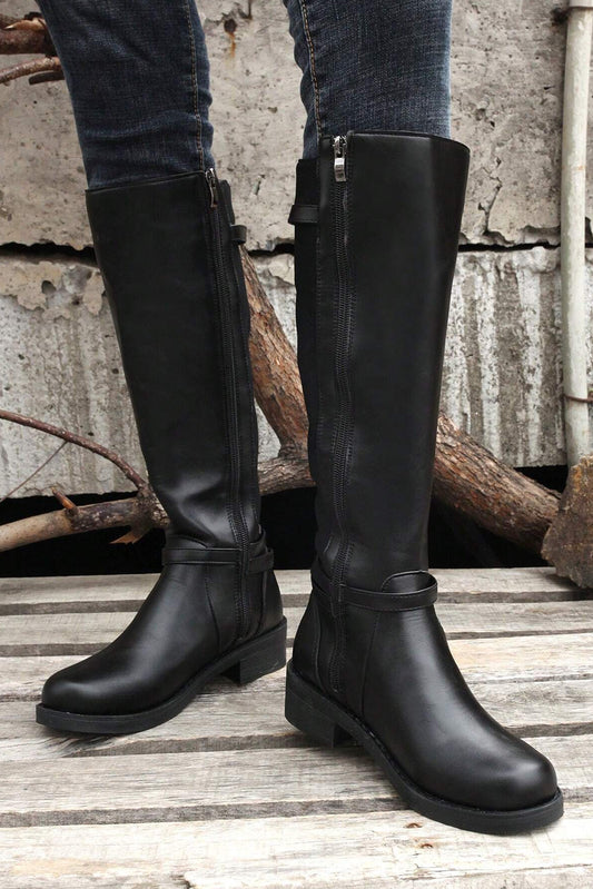 Black Side Zipper Knee High Boots