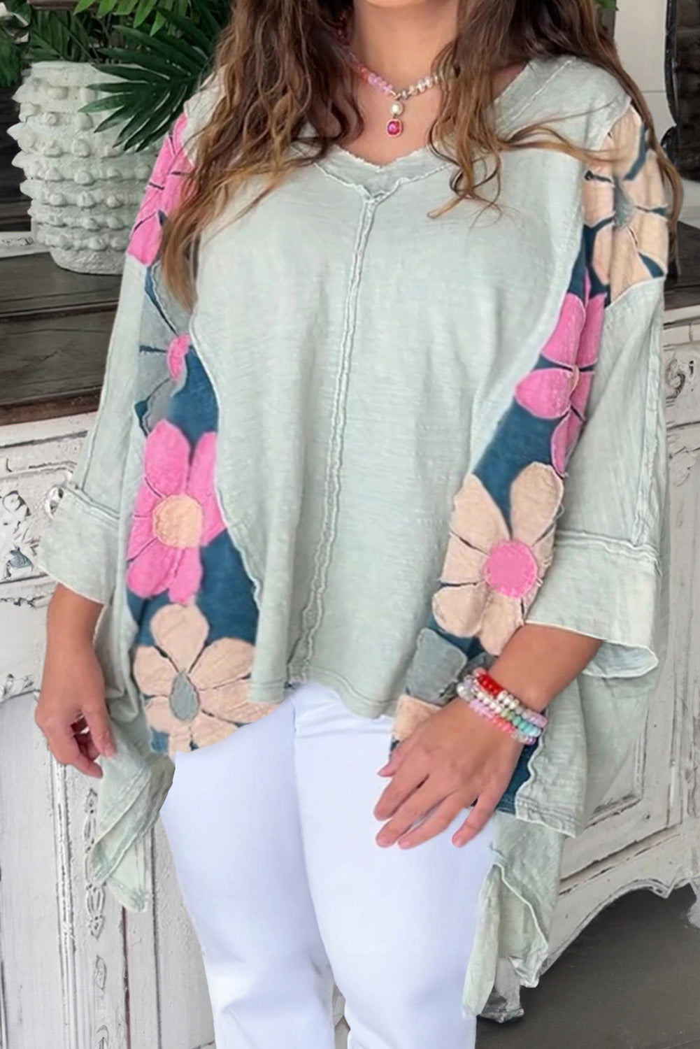 Pink Flower Patchwork Plus Size Sweater