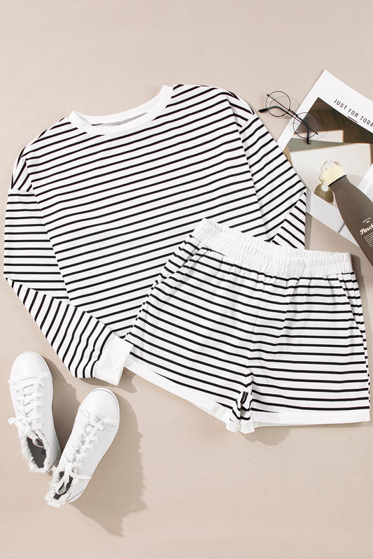 Black Striped 3/4 Sleeve Top and Shorts Set