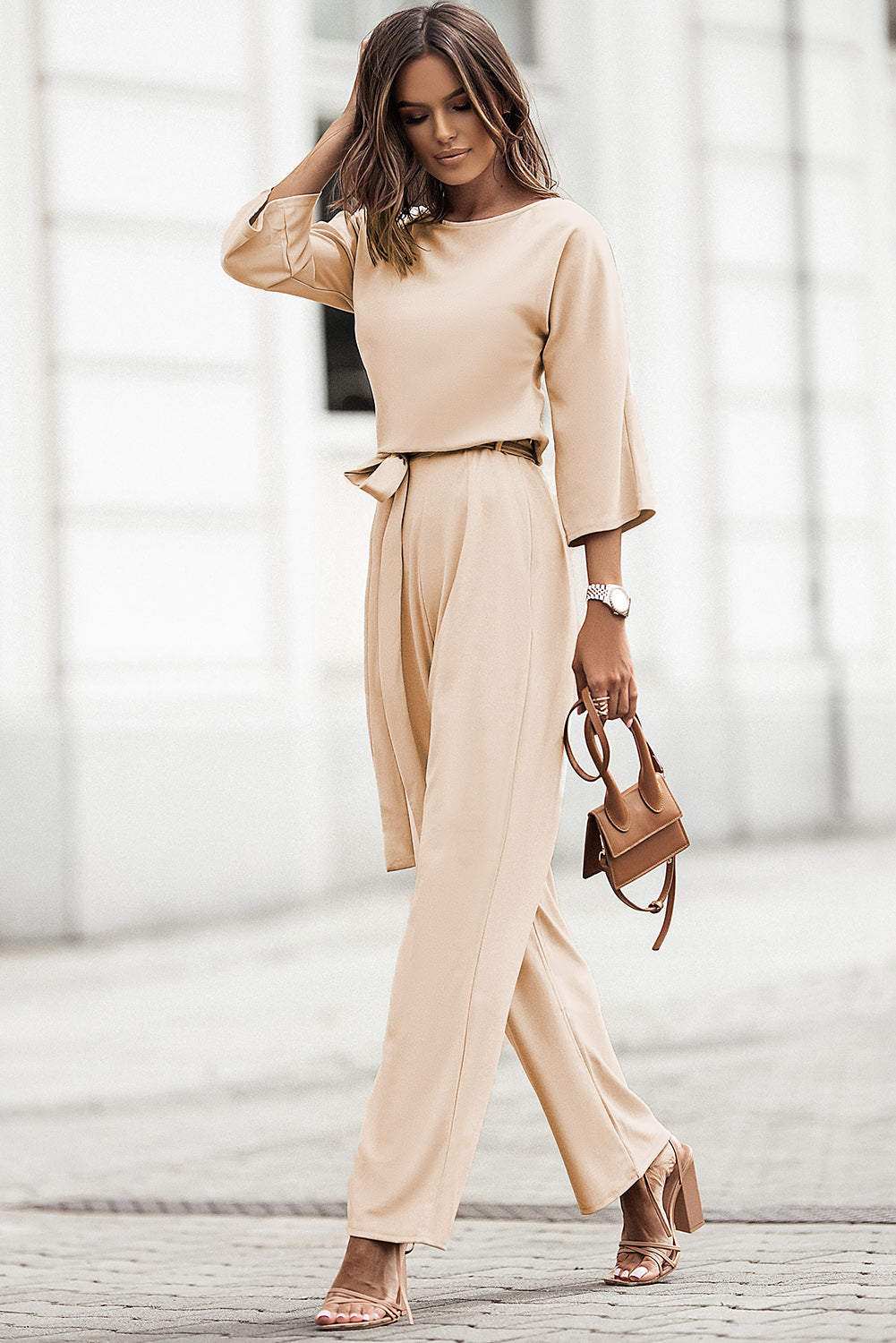 Sexy In Beige Wide Leg Jumpsuit