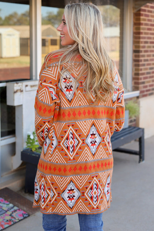 Brown Aztec Geometric Knit Cardigan