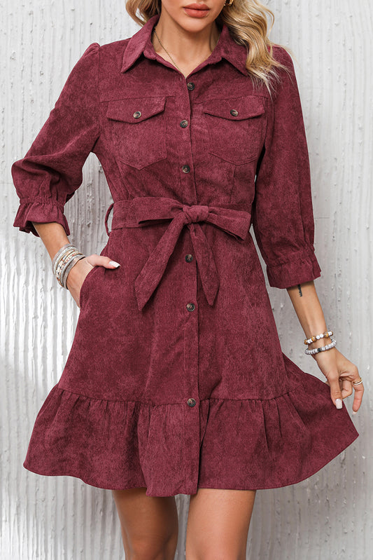 Burnt Red Collared Ruffled Shirt Dress