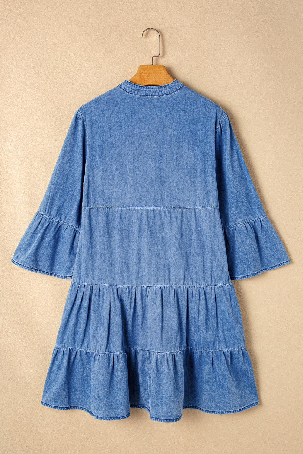 Black Chambray Ruffled 3/4 Sleeve Mini Dress