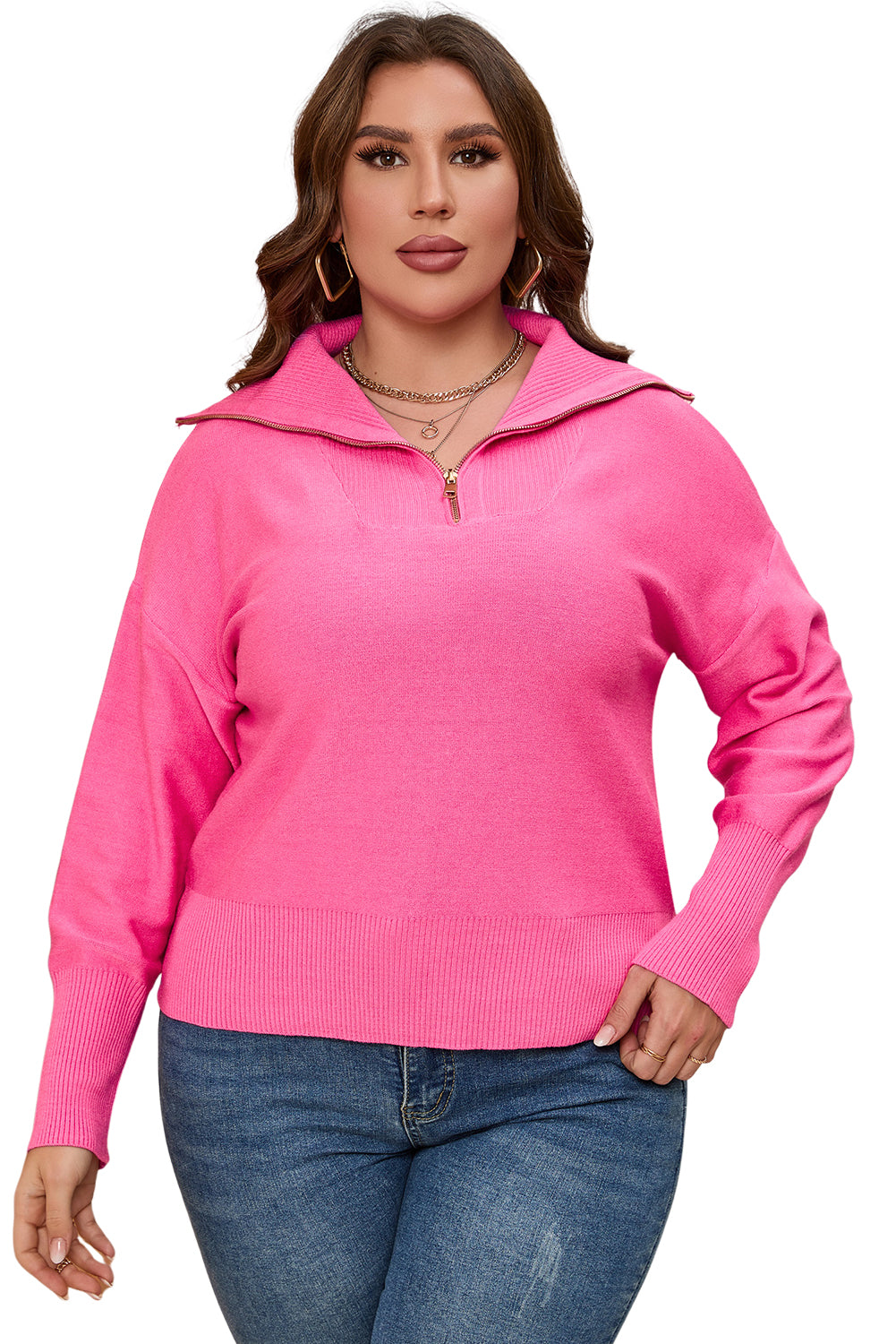 Brown Plus Size Zip Collar Sweater