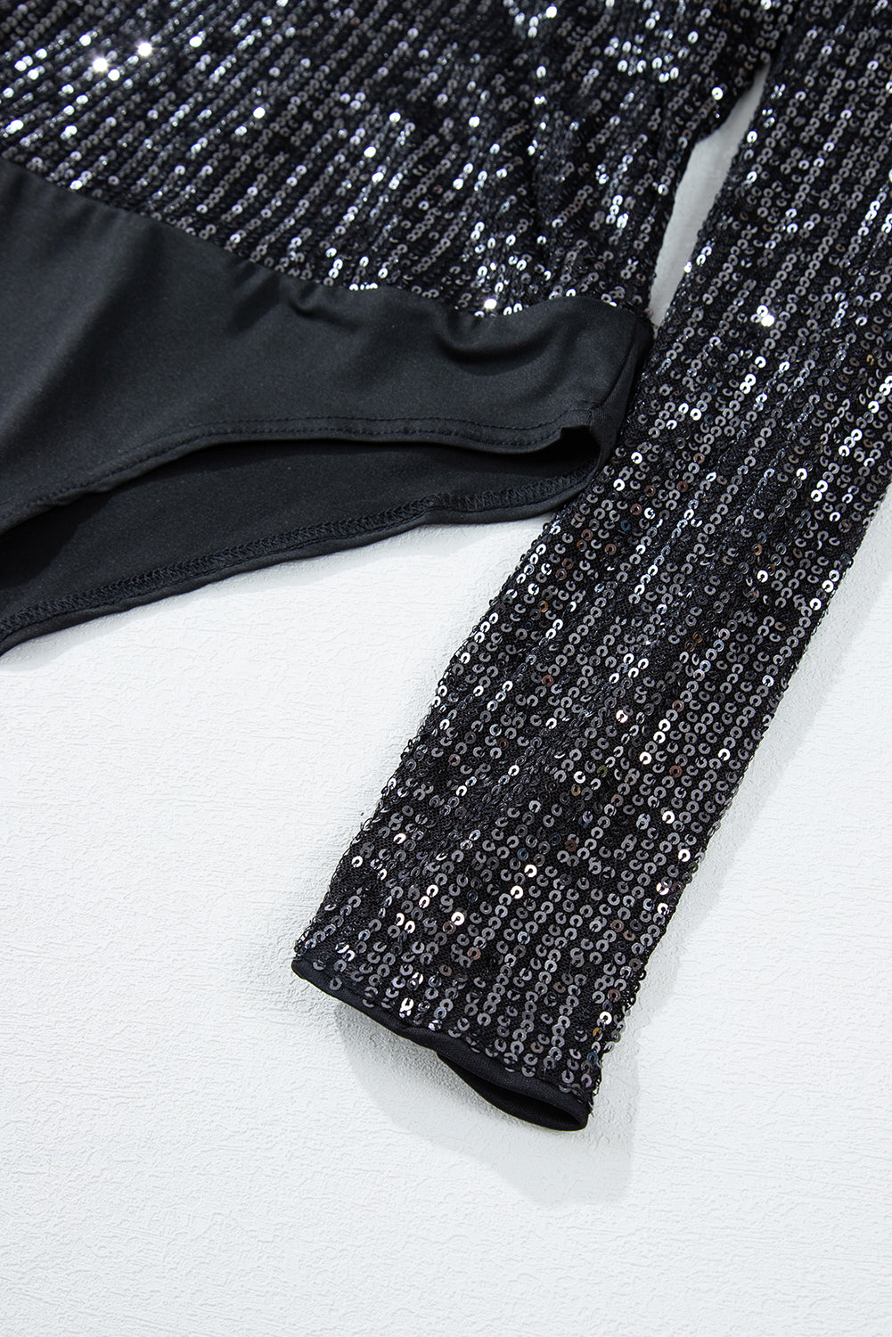 Black Sequin Zip Up Long Sleeve Bodysuit