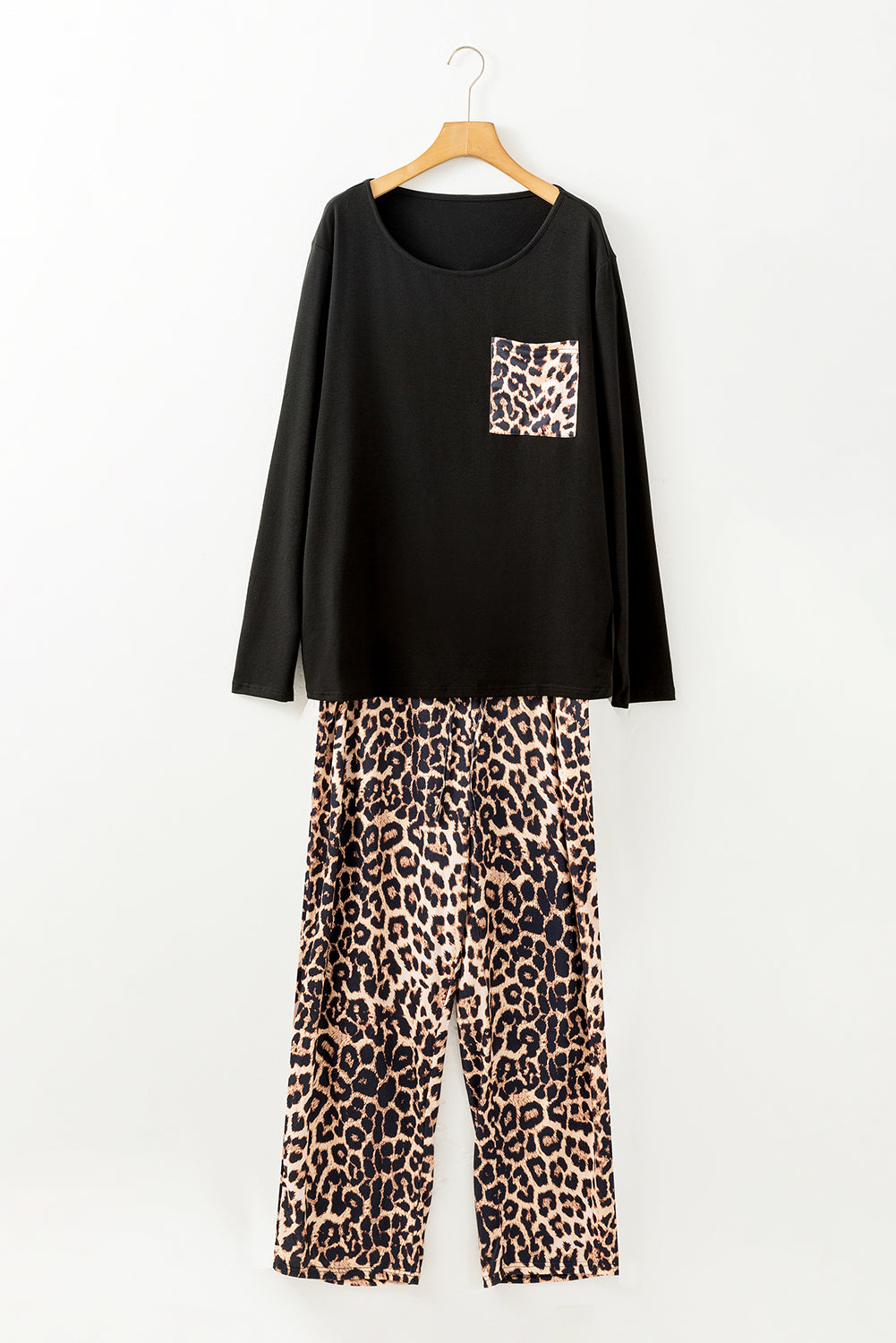 Leopard Patched Long Sleeve Plus Size Pajama Set