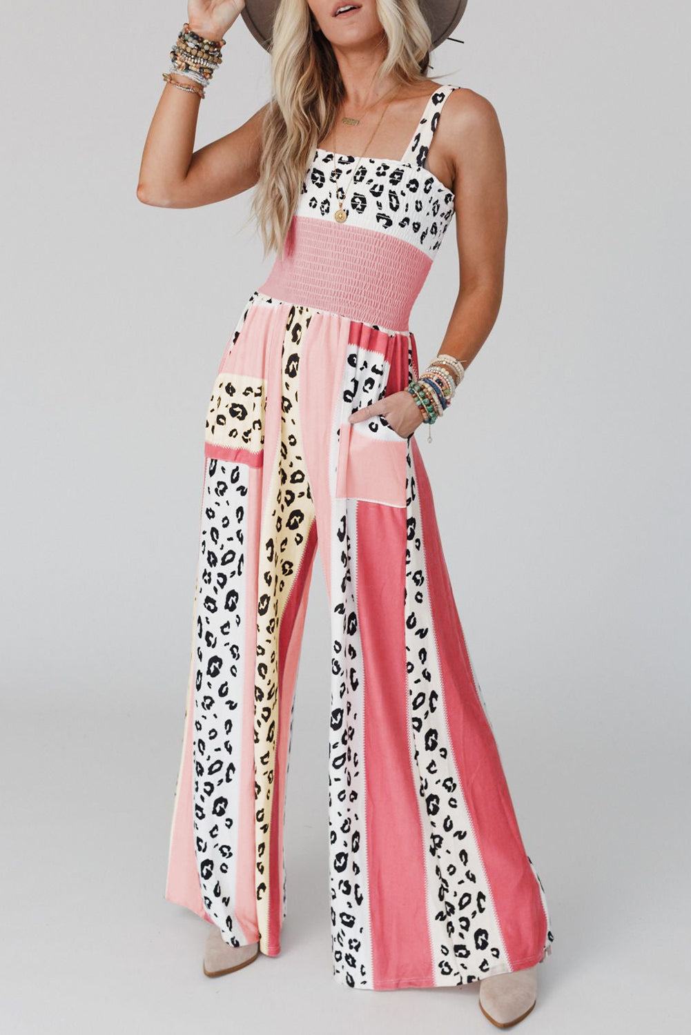 Pink Leopard Color Print Pocketed Jumpsuit