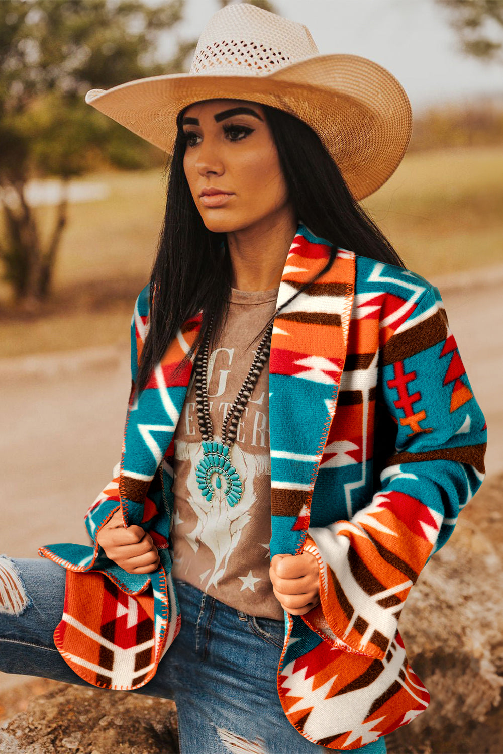 Sky Blue Aztec Bell Sleeve Jacket