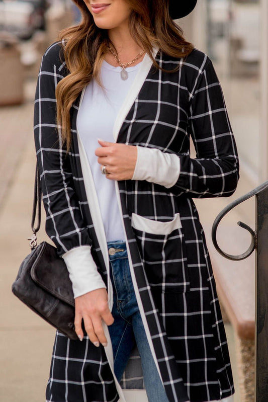 Black Plaid Open Cardigan with Pocket