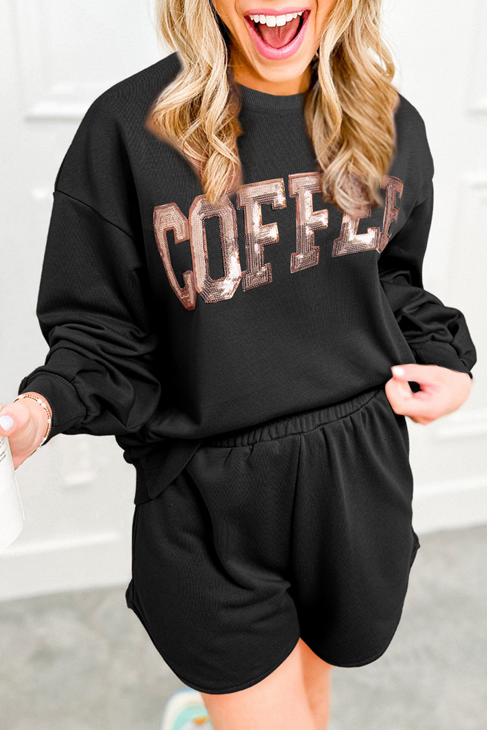 Straw Yellow Sequined COFFEE Loose Fit Sweatshirt and Shorts Set