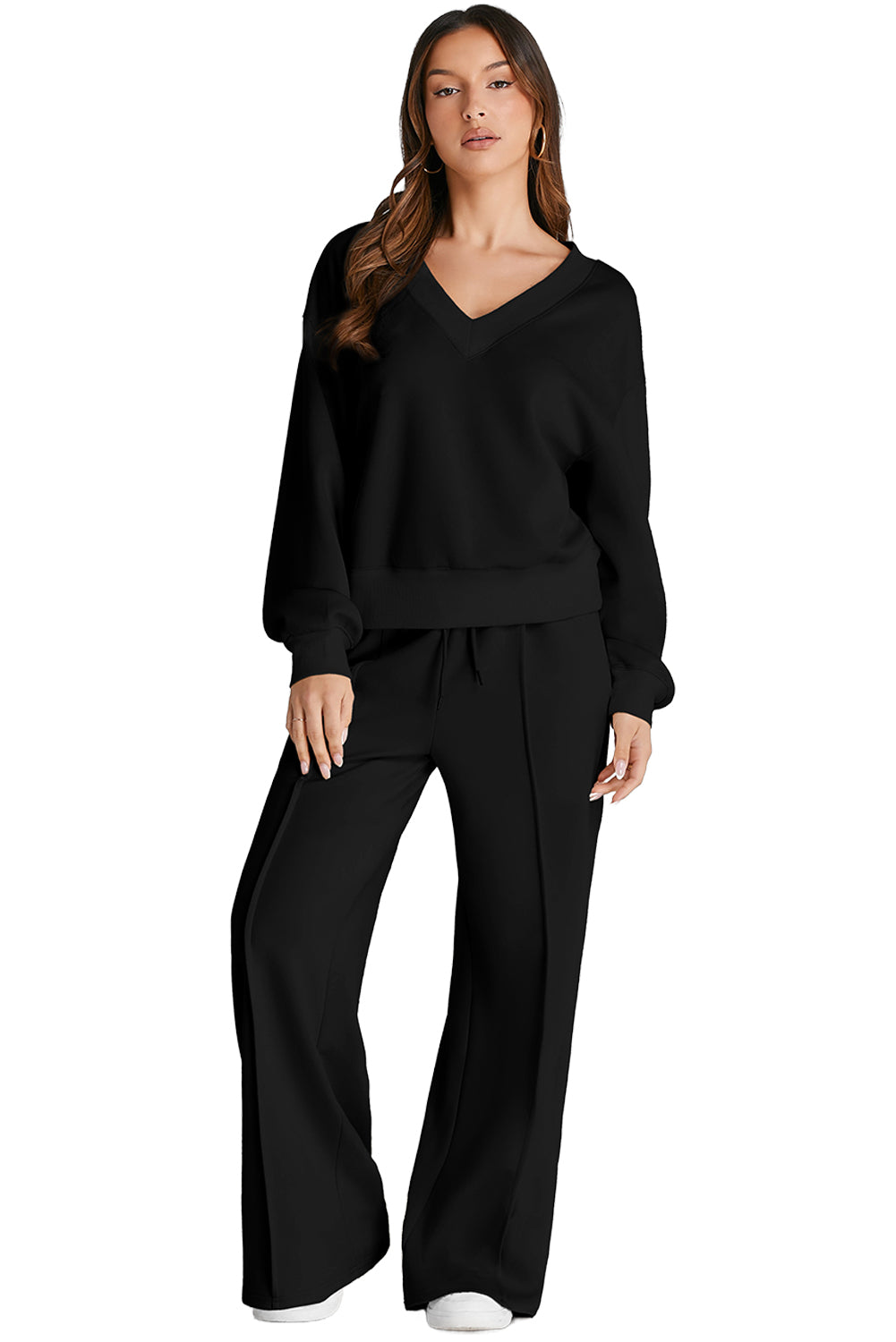 Black V Neck Sweatshirt & Seamed High Waist Pants Set